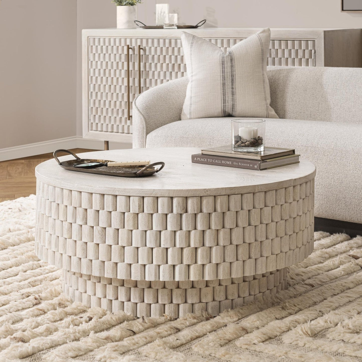 Coastal White Mango Wood Coffee Table Norwood Coffee Table with Casters Collection