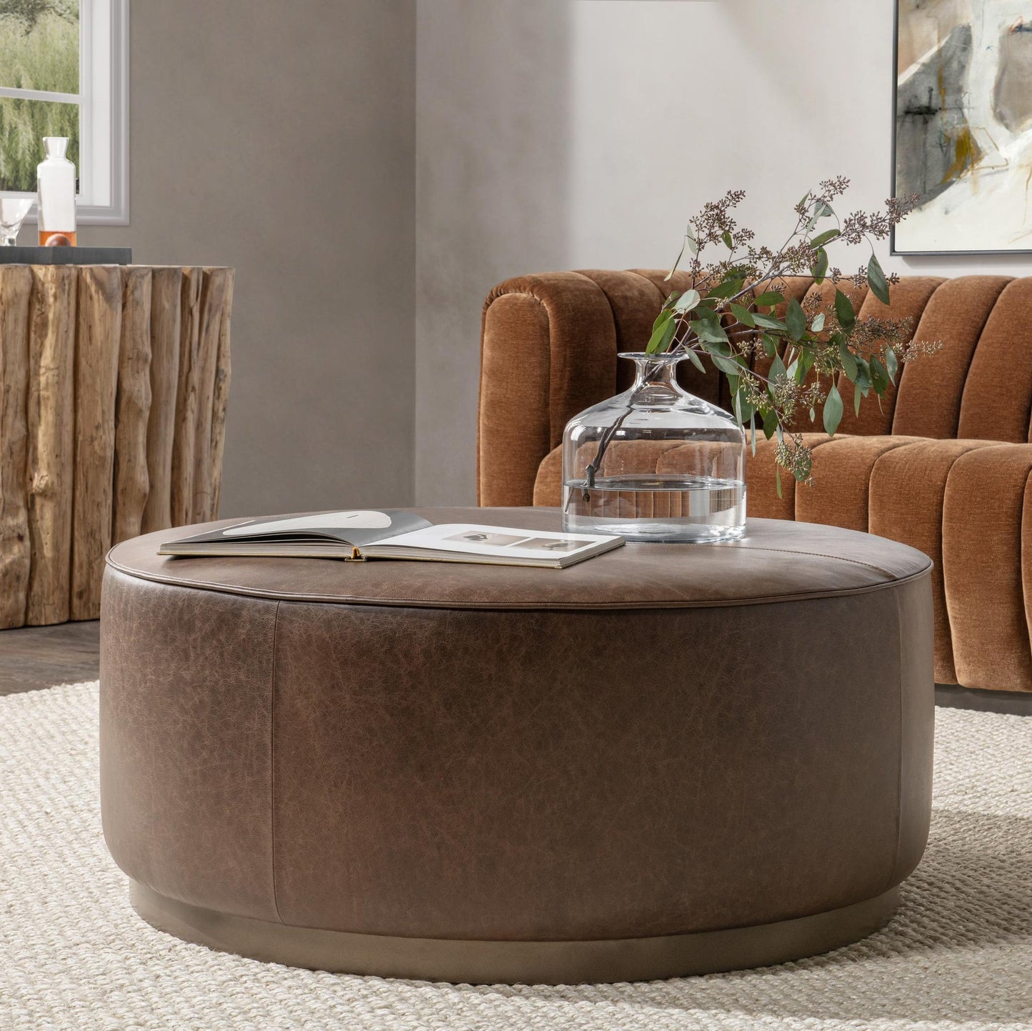 Dark Brown Top Grain Leather Ottomans & Stool Clair Round Ottoman Collection