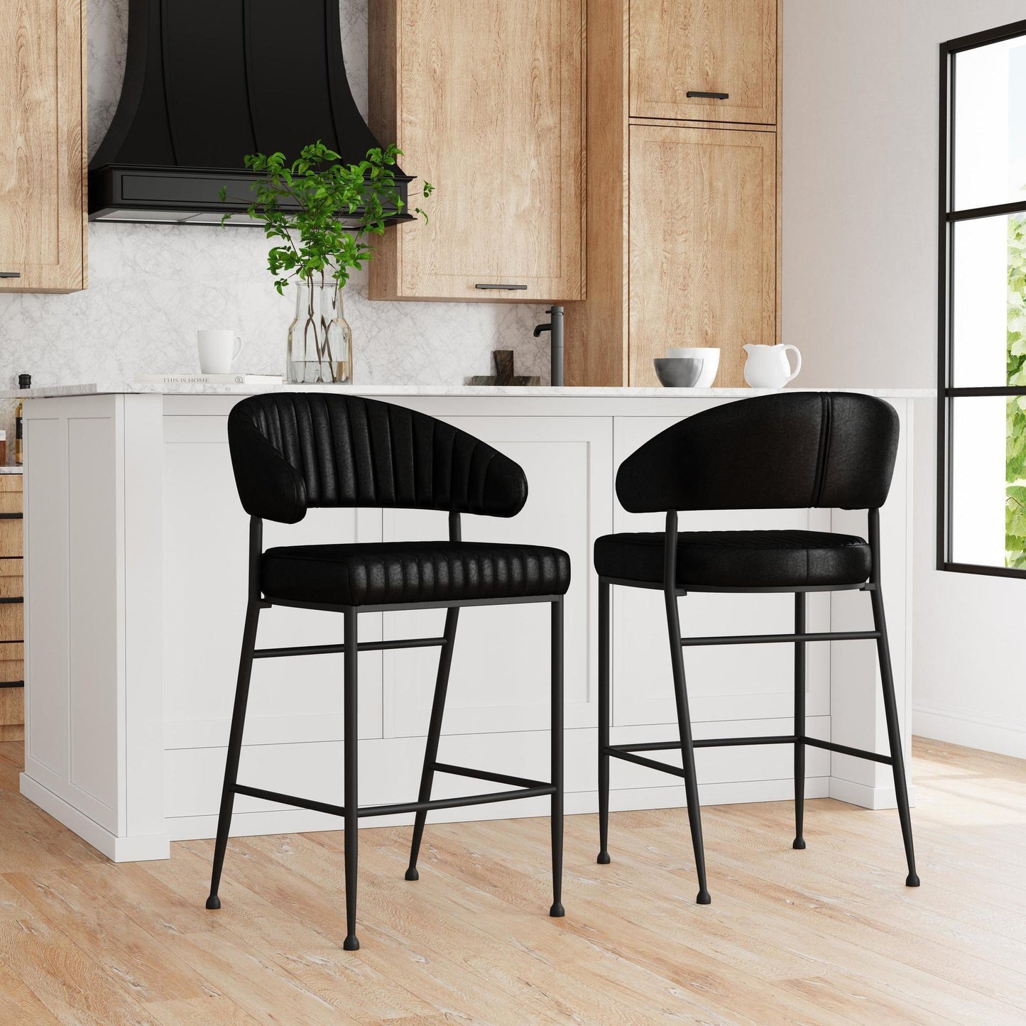 Jet Black Top Grain Leather Bar & Counter Stool Umbria Bar Stool Collection