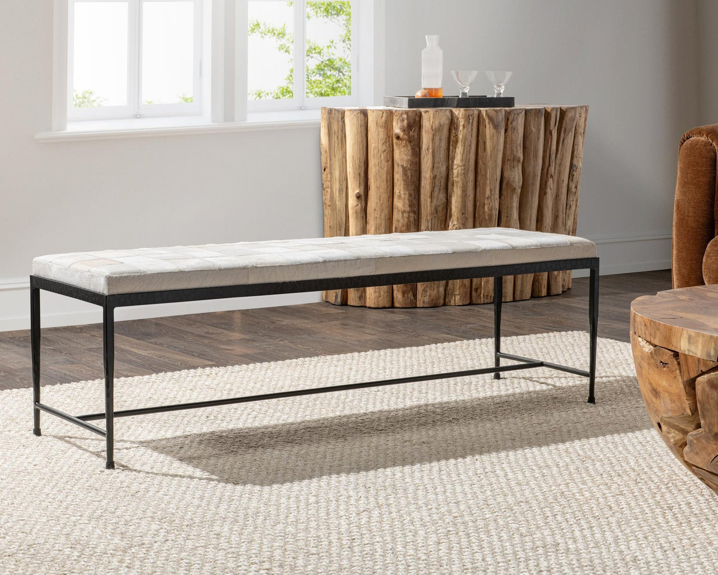 Dusty Cream Hair on Hide Accent Benche Achen Accent Bench Collection