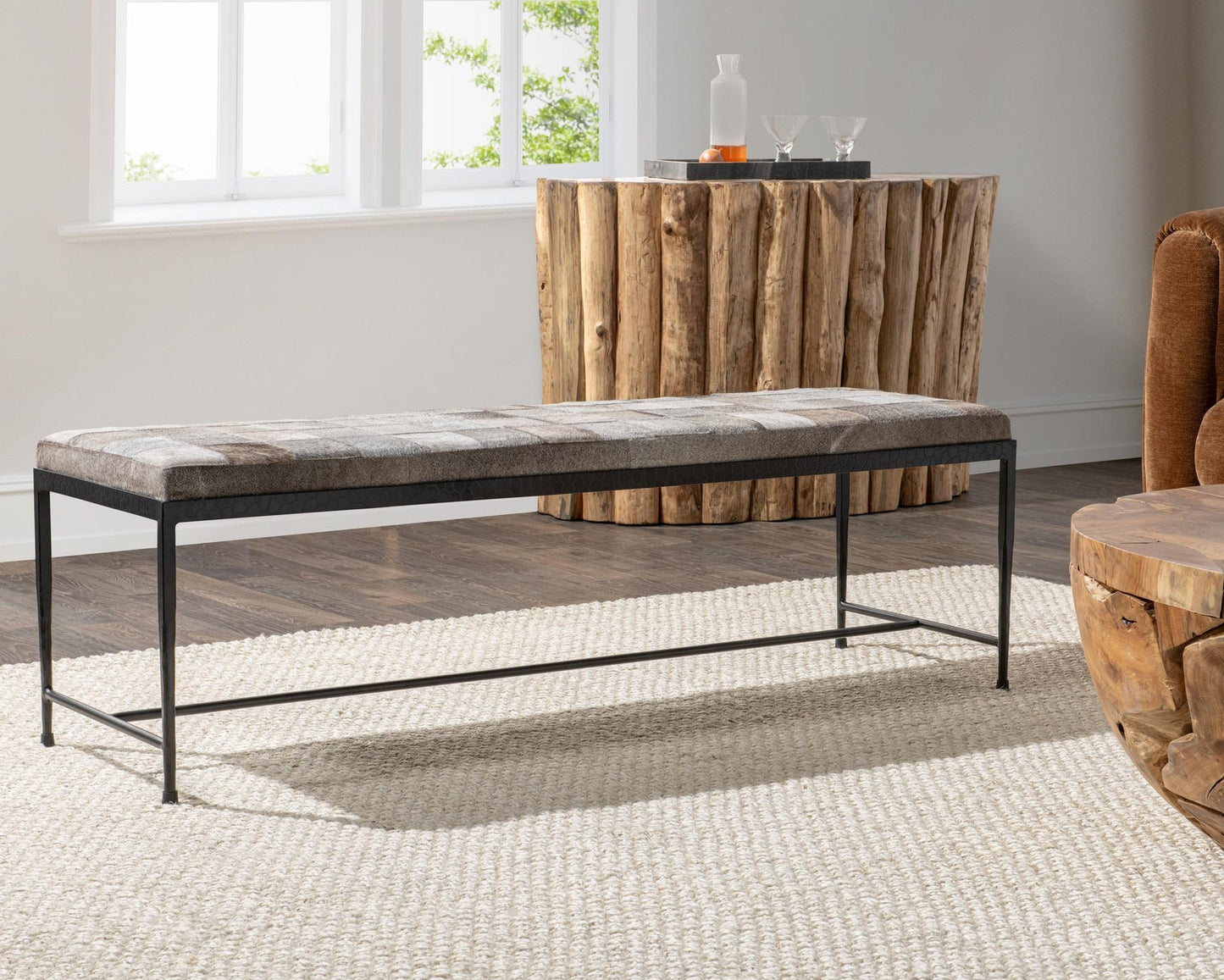 Sparrow Gray Hair on Hide Accent Benche Achen Accent Bench Collection