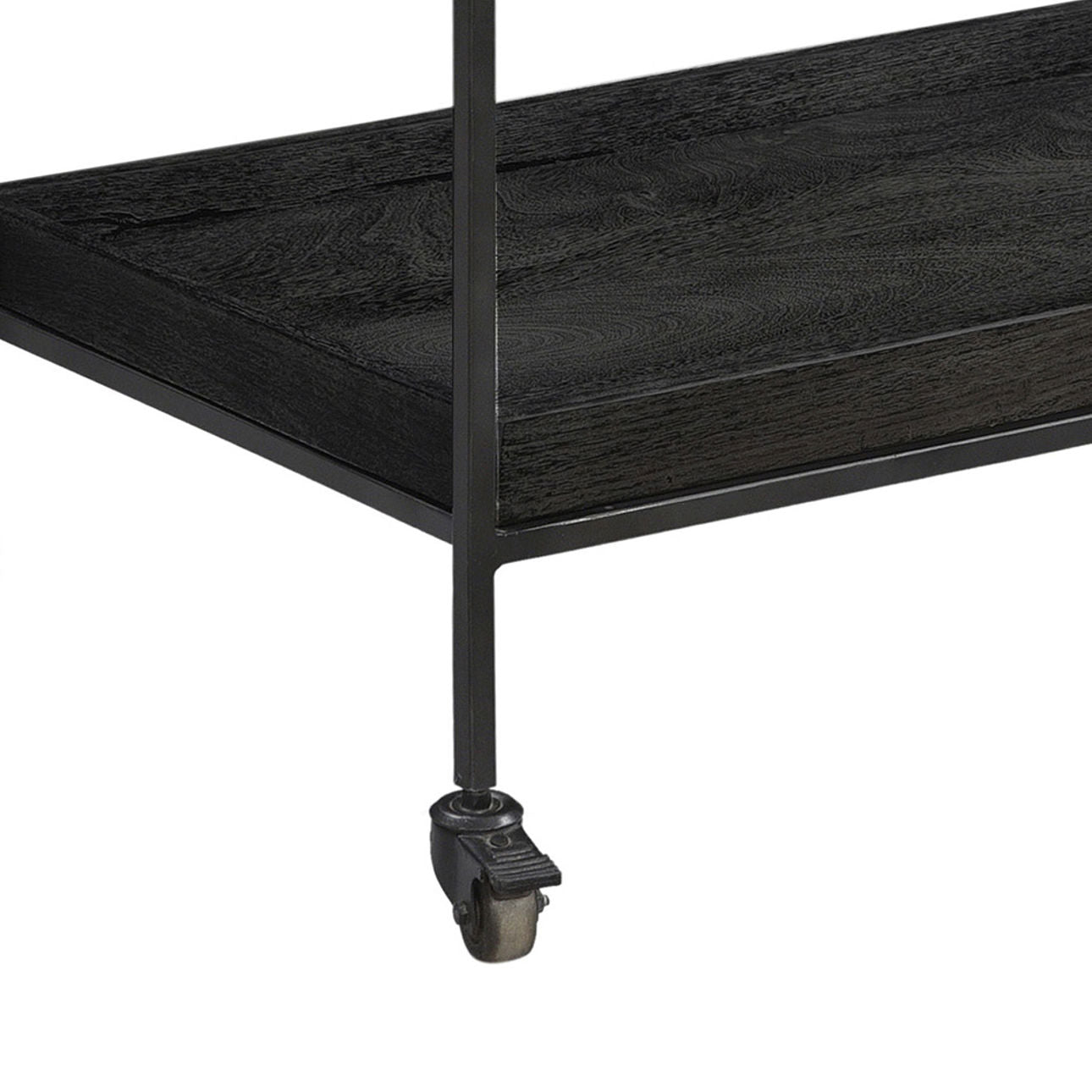Black Wood Finish, Gunmetal Iron, and White Marble Iron Frame with Mango Wood and Marble Tray Cart 32 in Wide