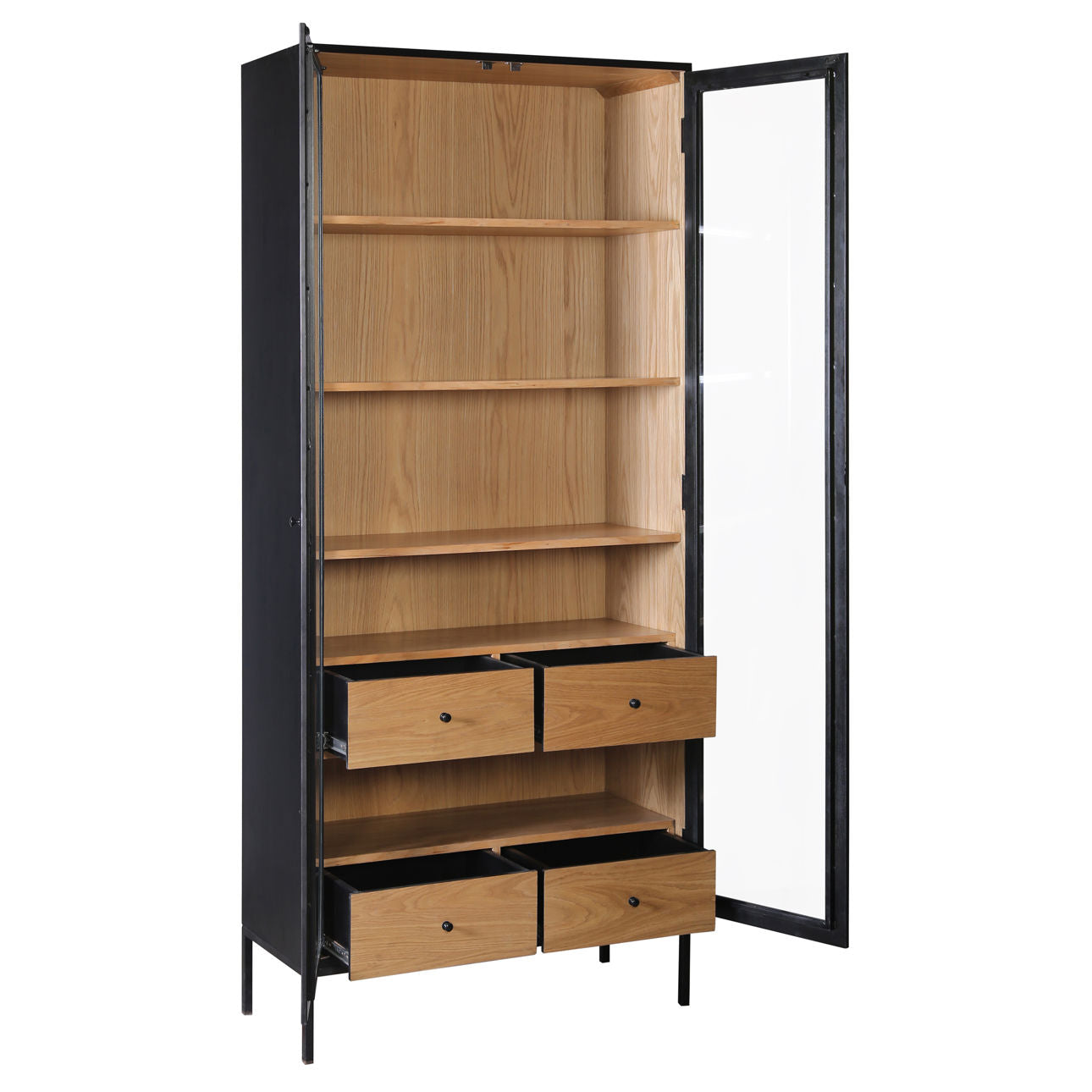 Matte Black and Natural Finish Oak Veneer and Iron Legs Cabinet 36 in Wide