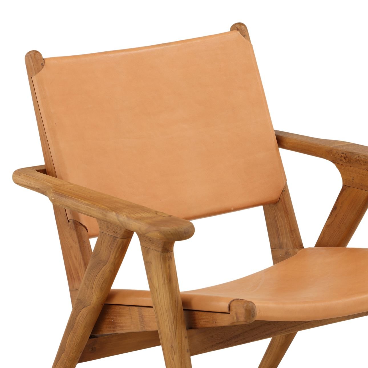 Brown and Natural Wood Leather and Teak Wood Chair 30 in Wide
