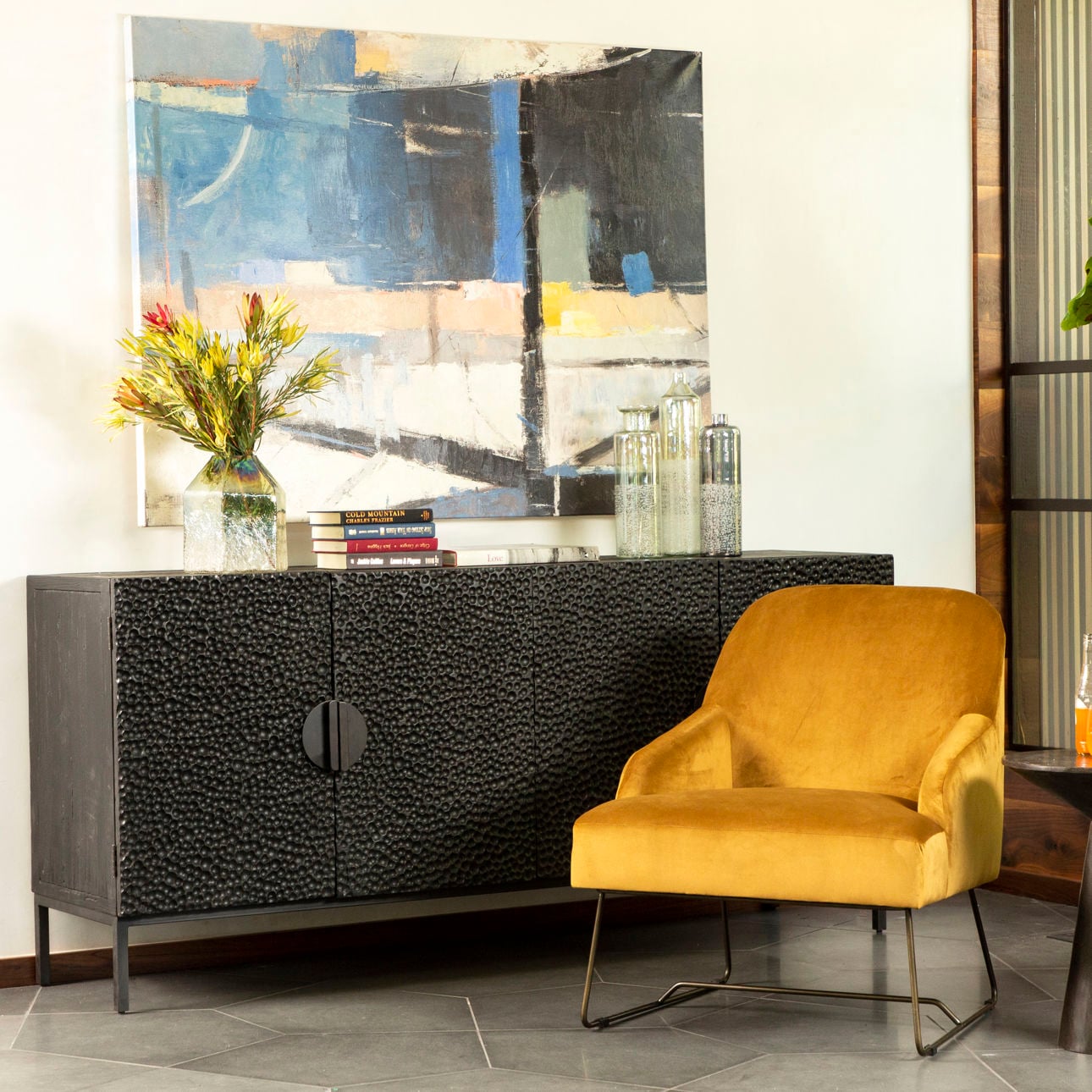Black Stained Sealed Wood and Antique Iron Finish Reclaimed Pine Wood and Iron Base Sideboard 79 in Wide