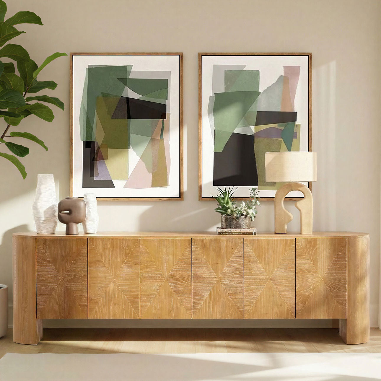Light Natural Elm Wood Sideboard 111 in Wide