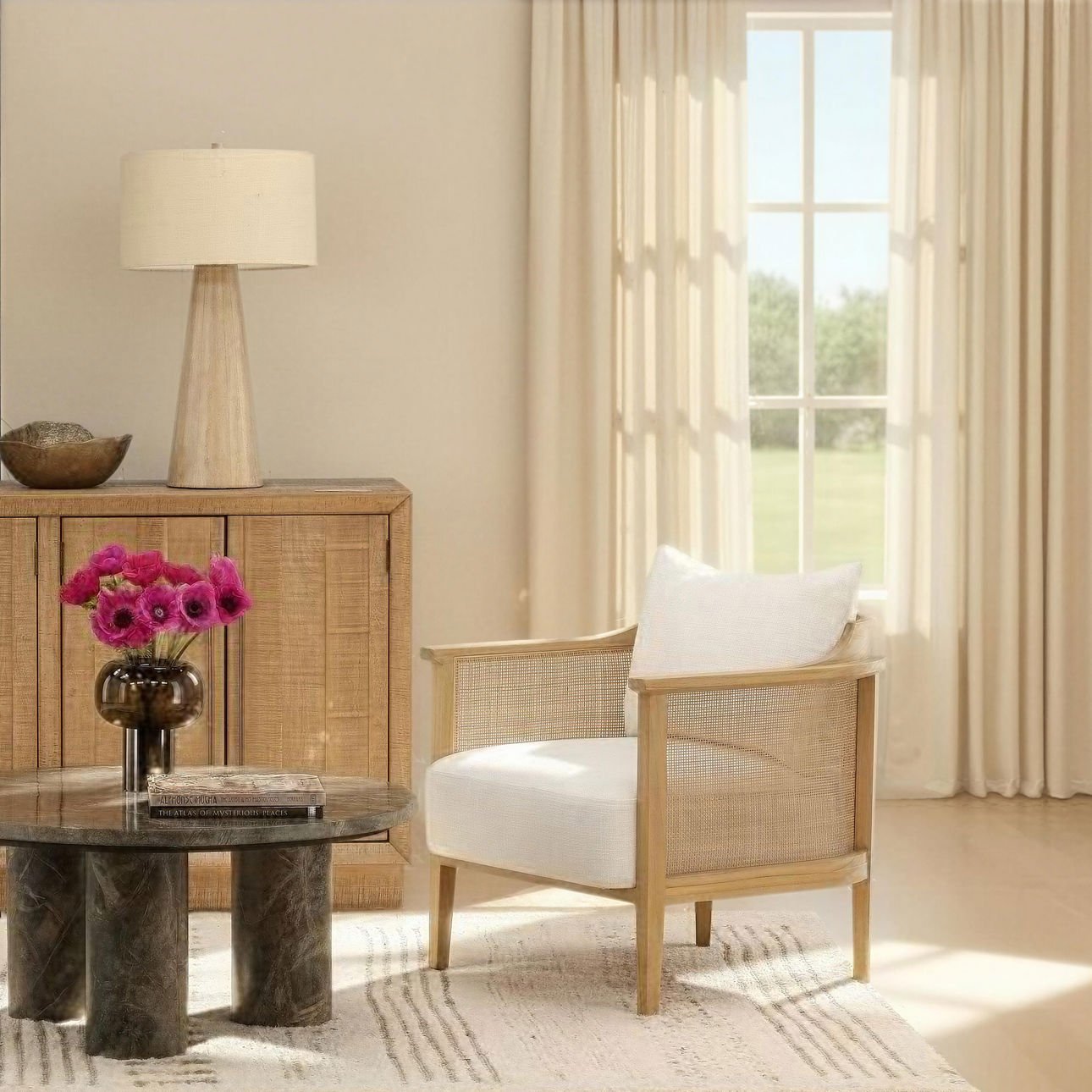 Natural Finish and Off White Upholstery Mindi Wood with Rattan and Polyester Blend Upholstery Chair 28 in Wide