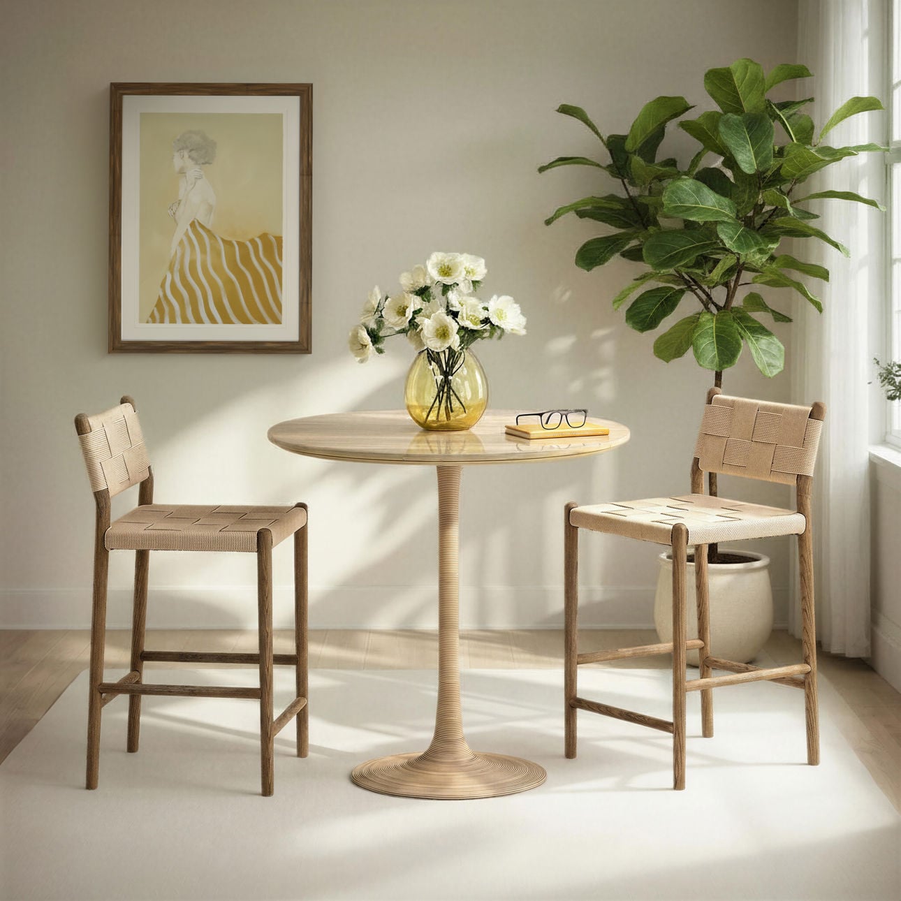 Natural and Light Brown Paper Cord Yarn and Ash Wood Stool 18.5 in Wide