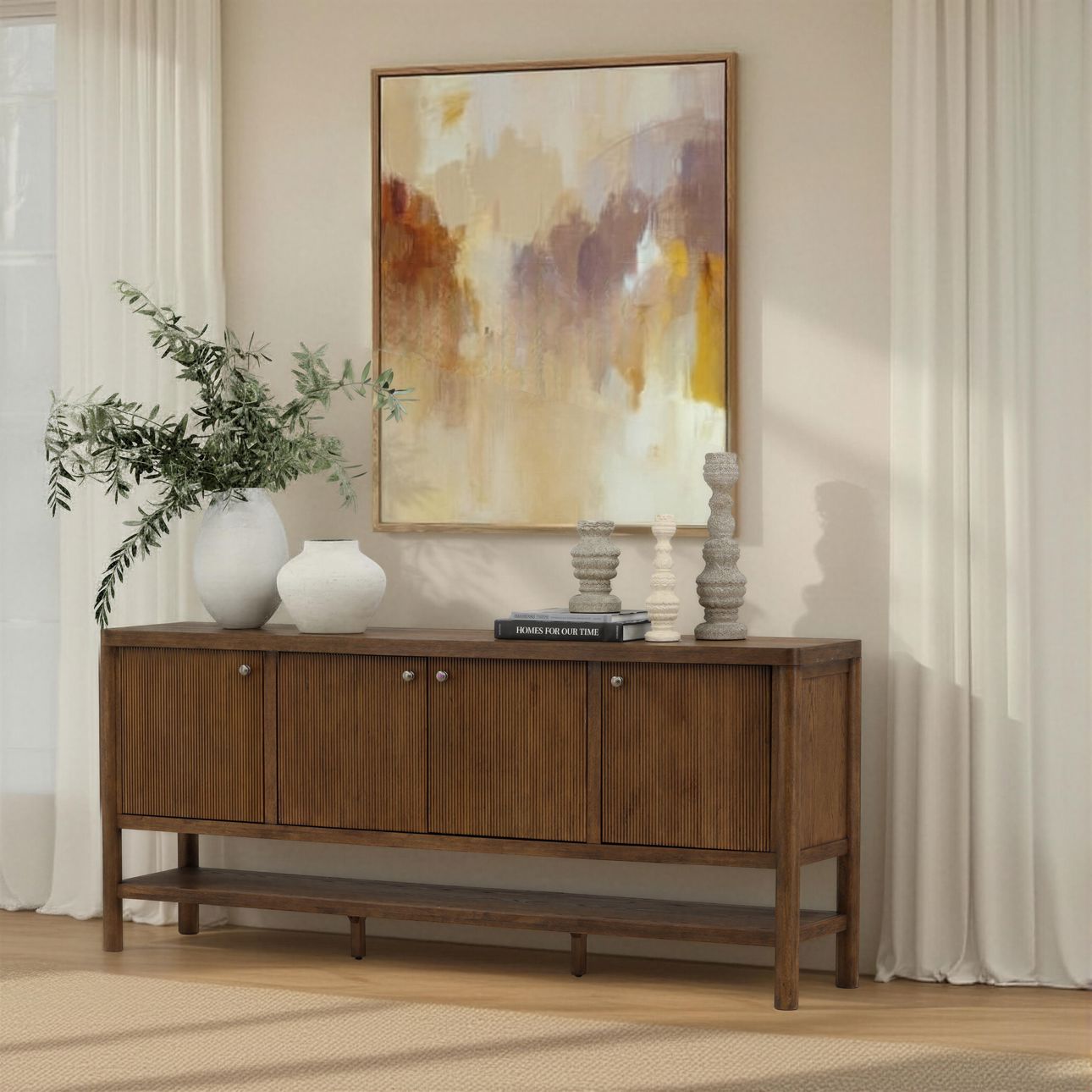 Dark Brown Rubber Wood and Oak Veneer Sideboard 84 in Wide