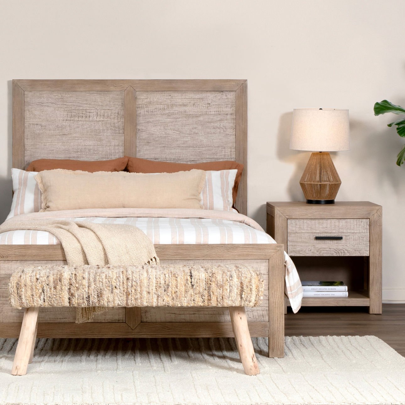 Light and Grey Warm Wash Finish Solid Pine Wood and Pine Veneer Nightstand 27.5 in Wide