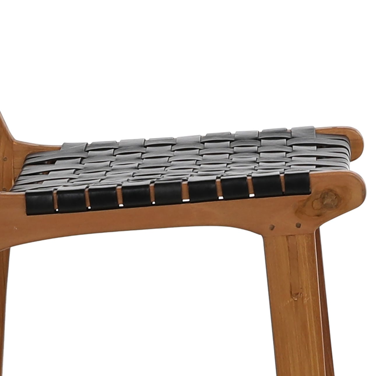 Antique Black Leather and Natural Wood Finish Full Grain Leather Upholstery Woven On A Teak Wood Frame Stool 20 in Wide