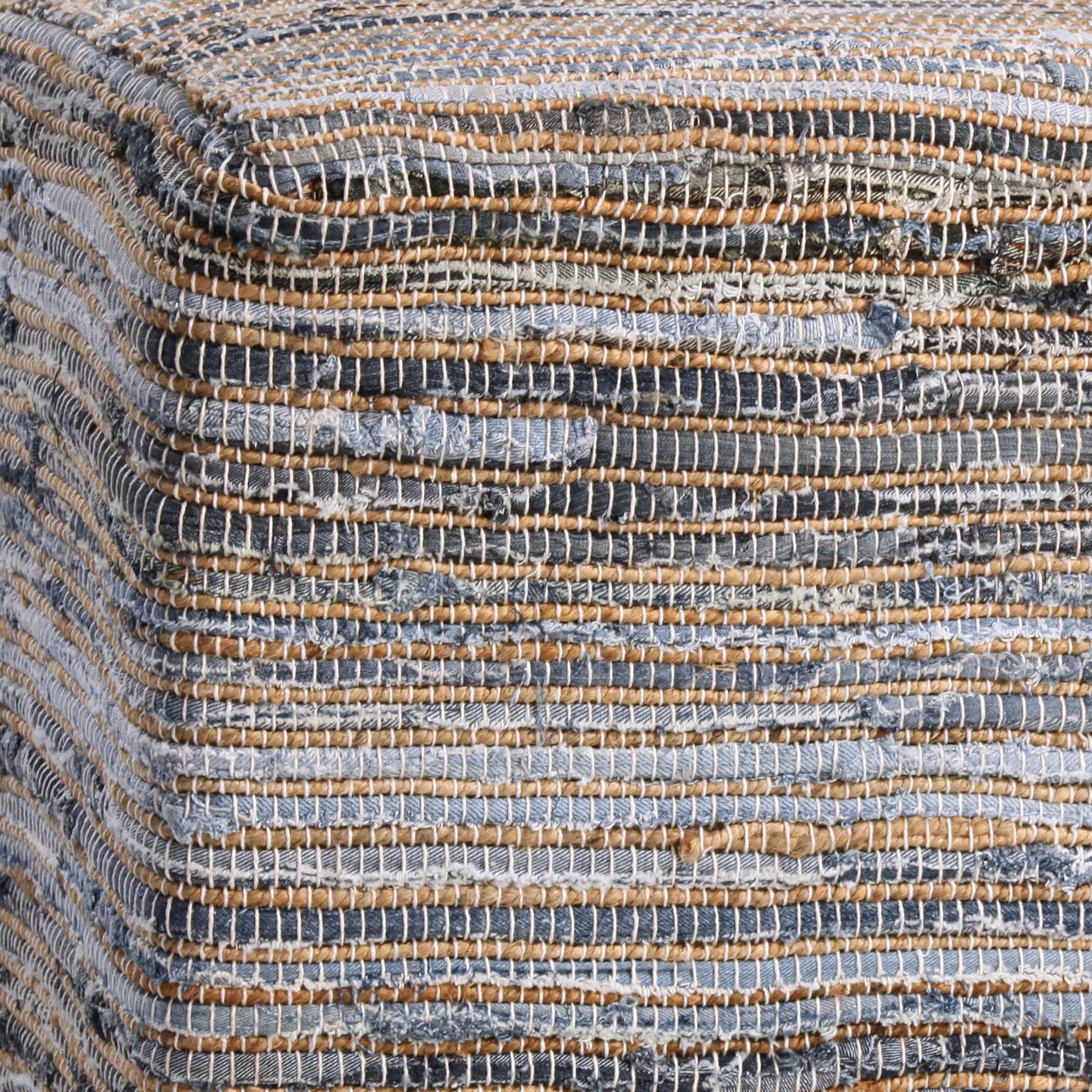 Denim Blue and Natural Jute Finish Recycled Denim and Jute Upholstery with Wood Filler Ottoman 18 in Wide