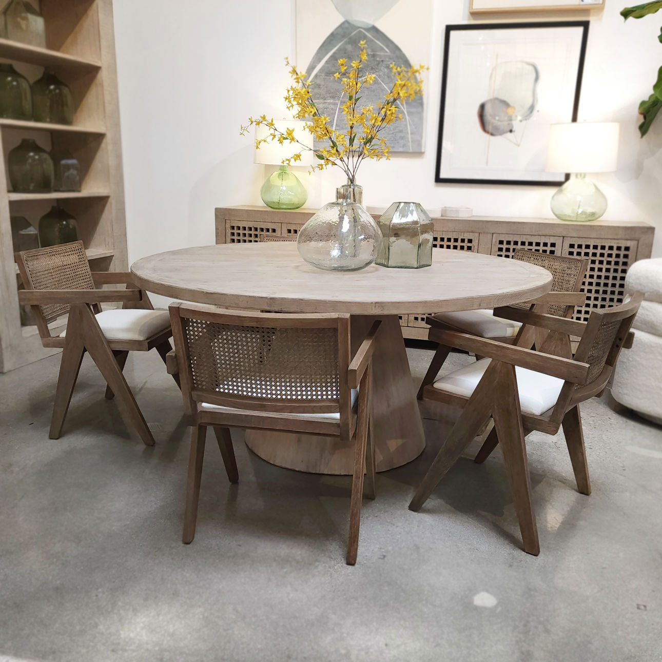 Grey Wash Finish and White Seat Oak Wood Frame with Rattan Back and Linen Seat Chair 22 in Wide