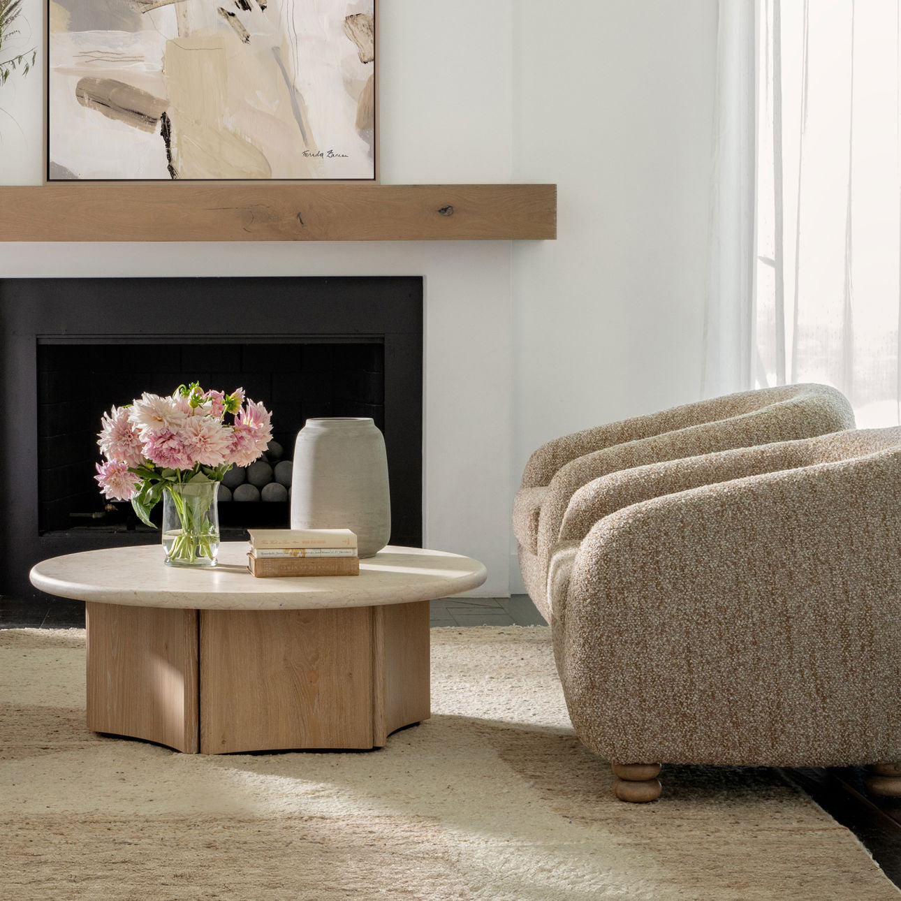 Paris Latte and Natural Multi-Tone Boucle Fabric and Rubber Wood Chair 38.5 in Wide
