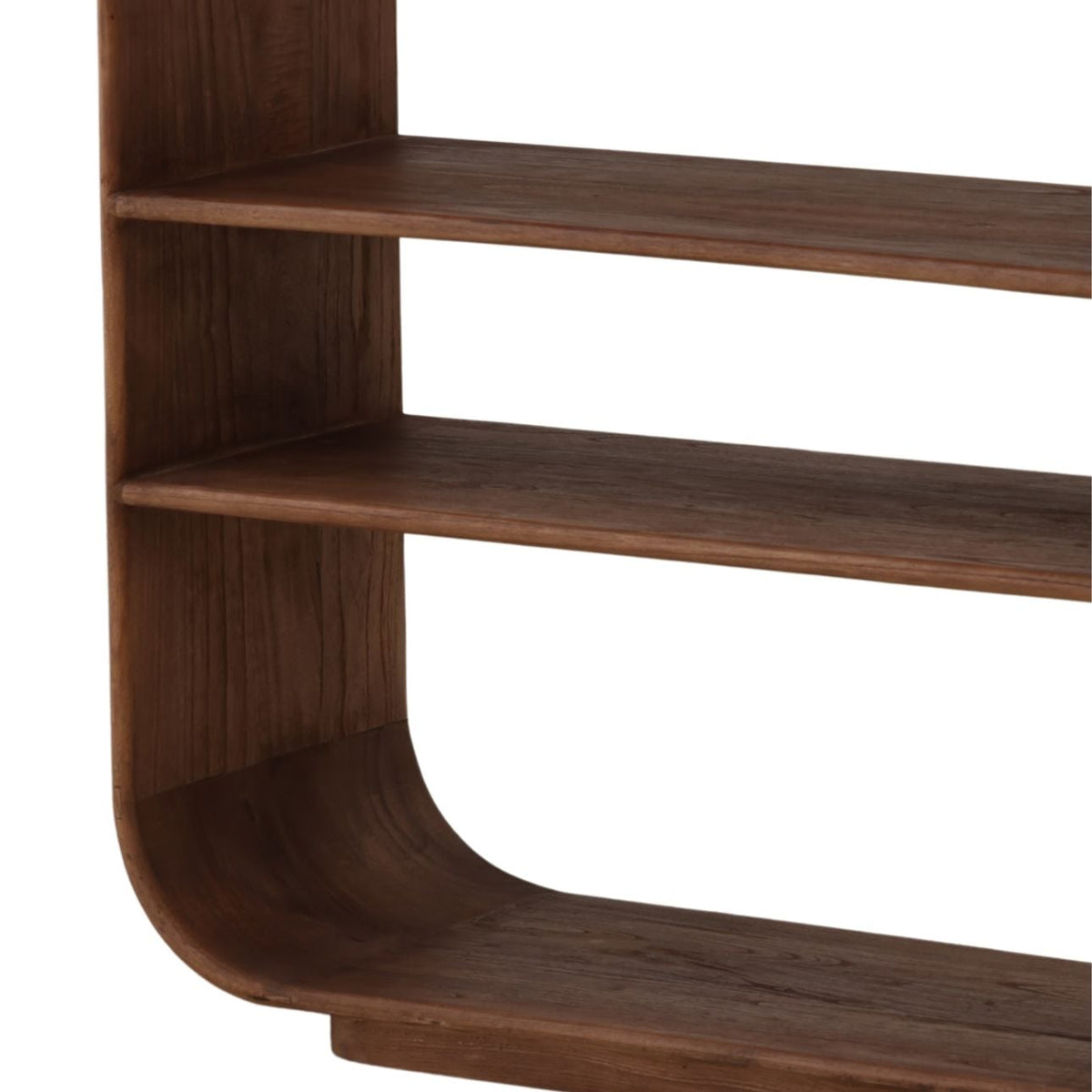 Cormoor bookcase top shelf detail highlighting solid mindi wood construction and warm brown tone