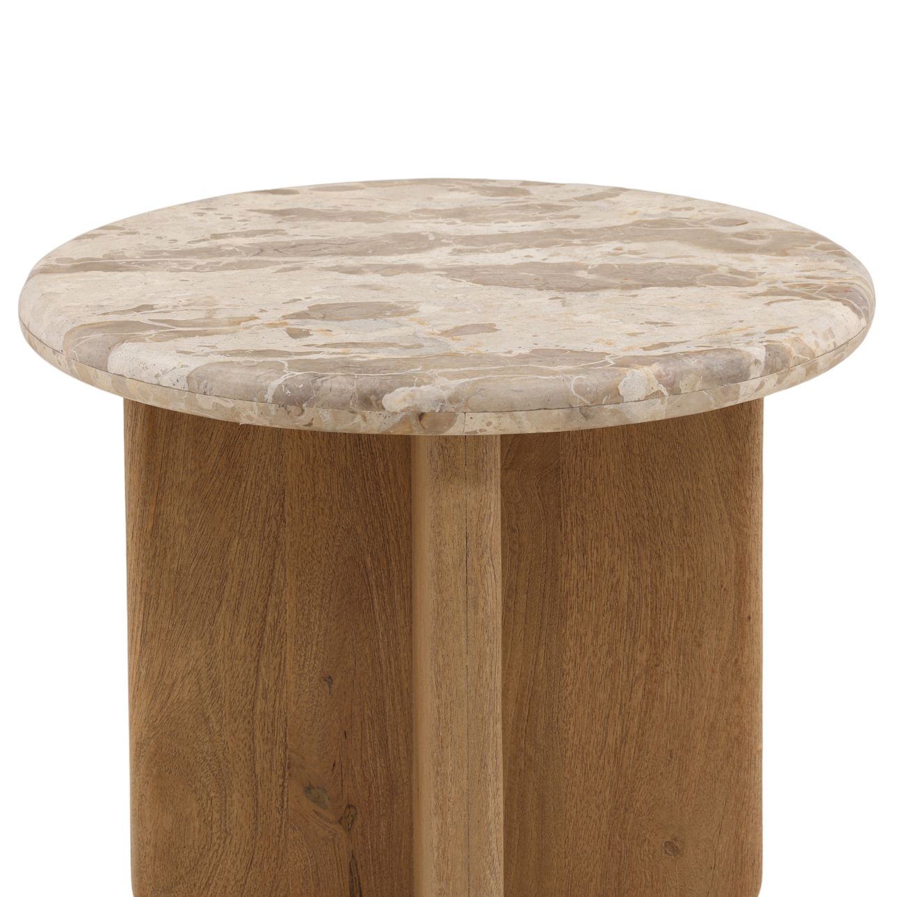 Beige and Natural Tendu Marble and Mango Wood Table 24 in Wide