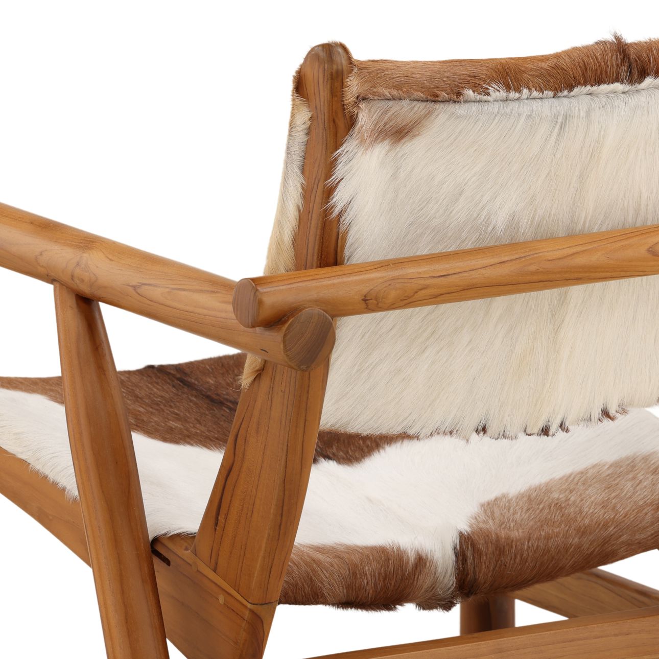 Brown and White Goat Hide and Teak Wood Chair 27.5 in Wide