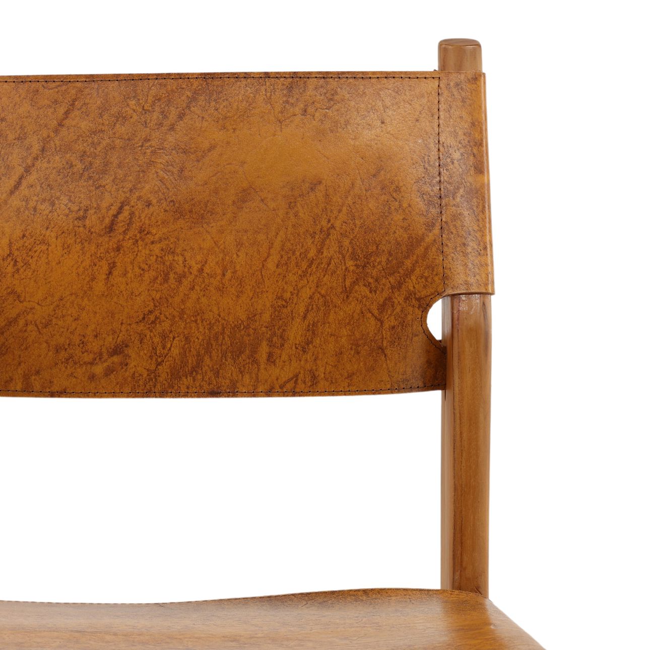 Natural and Antique Light Brown Leather Genuine Leather and Teak Wood Stool 18 in Wide