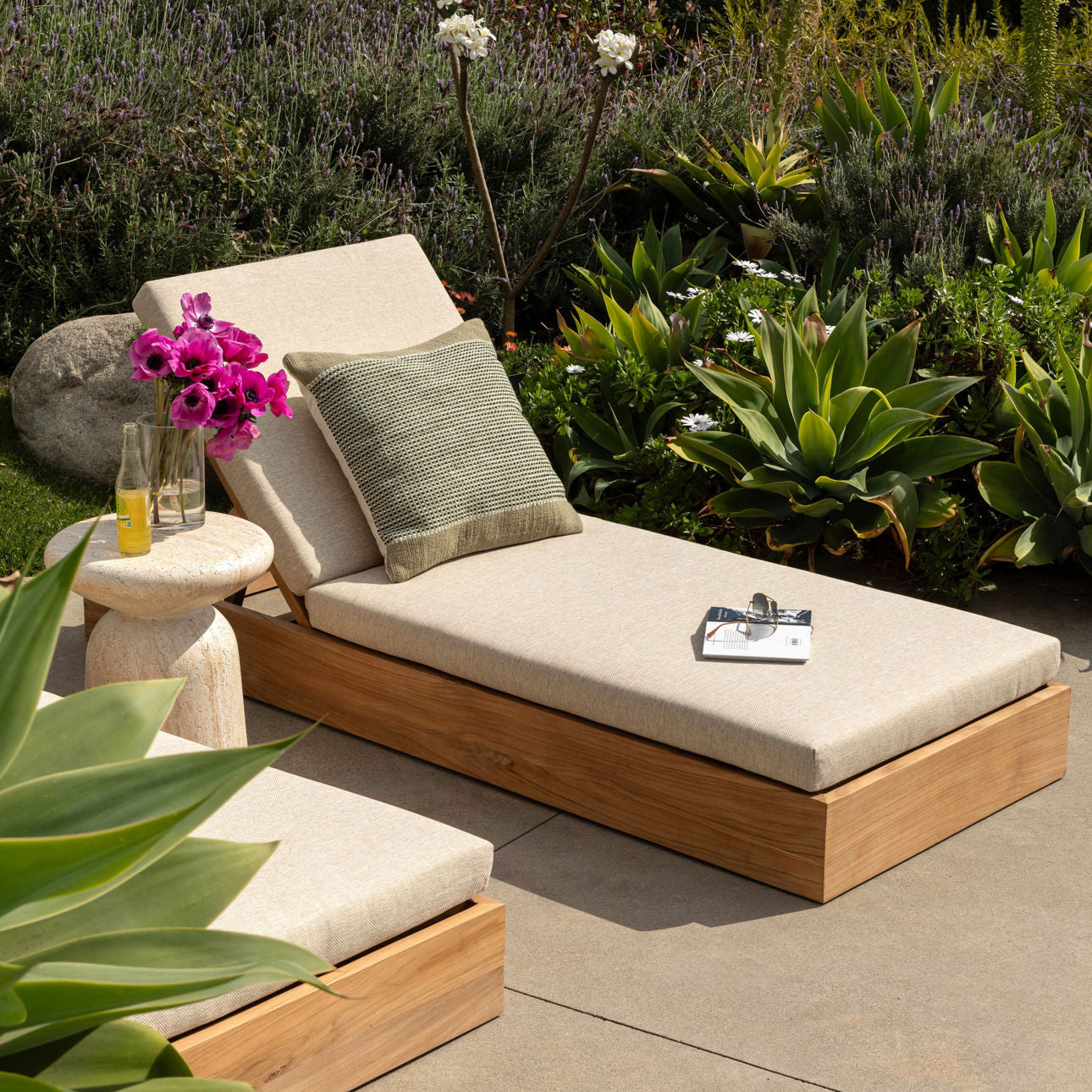Sand and Natural Outdoor Basketweave Tweed Fabric and Teak Wood Chaise 78.5 in Wide