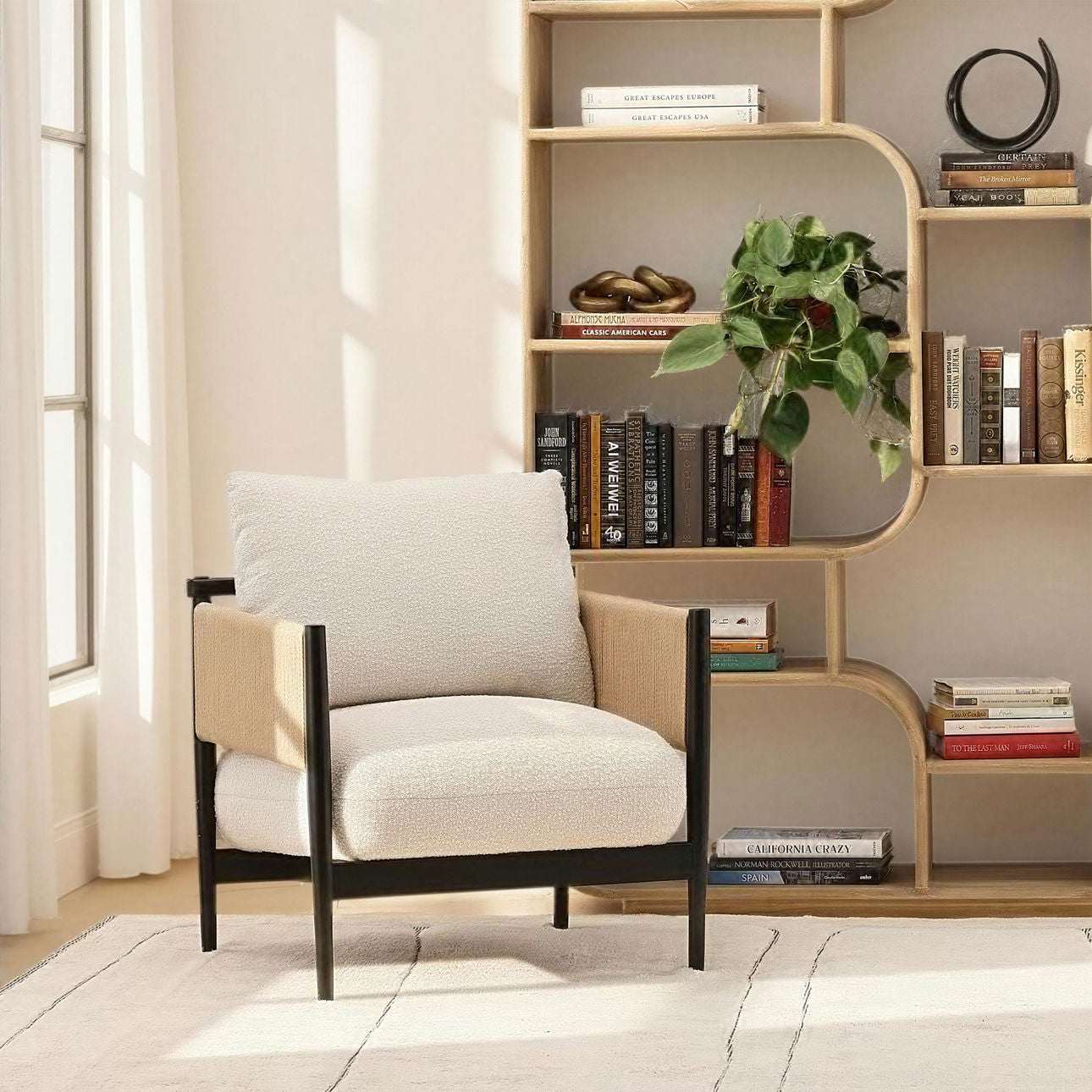 Cream and Black Boucle Fabric, Twisted Rope and Ash Wood Chair 27 in Wide