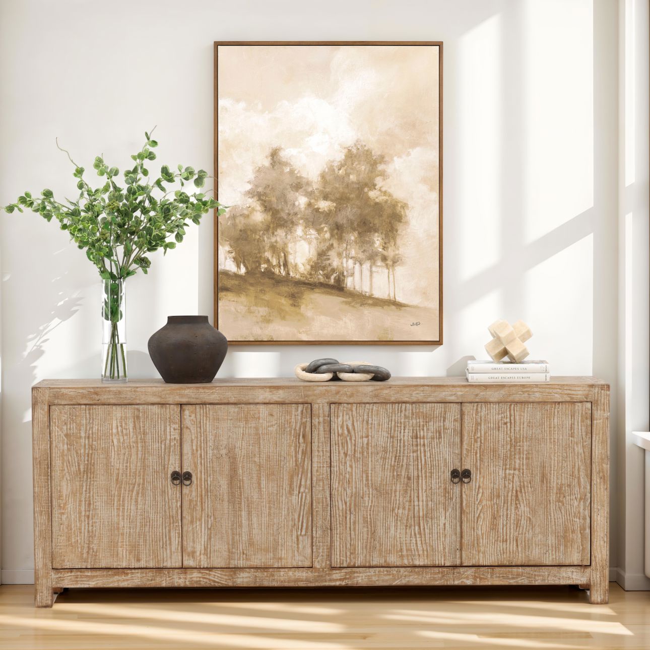 Natural with Water Base Sealed Finish Reclaimed Pine Wood Sideboard 87 in Wide