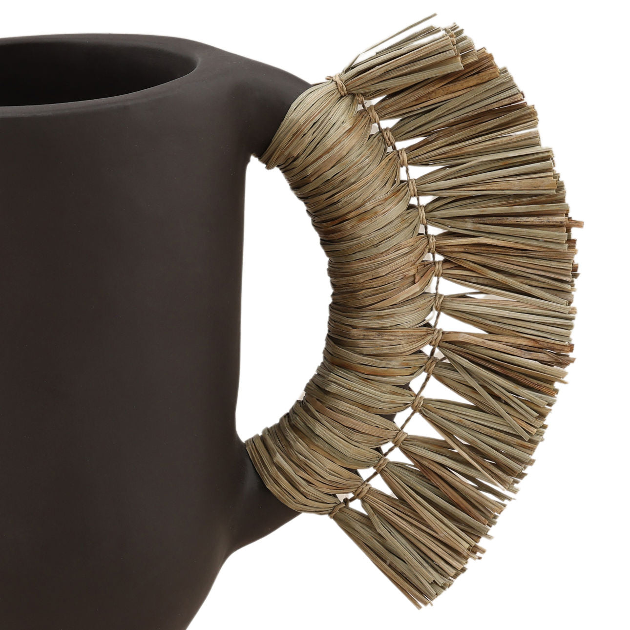 Chocolate Brown Terracotta and Natural Fibers Vase 8.5 in Wide