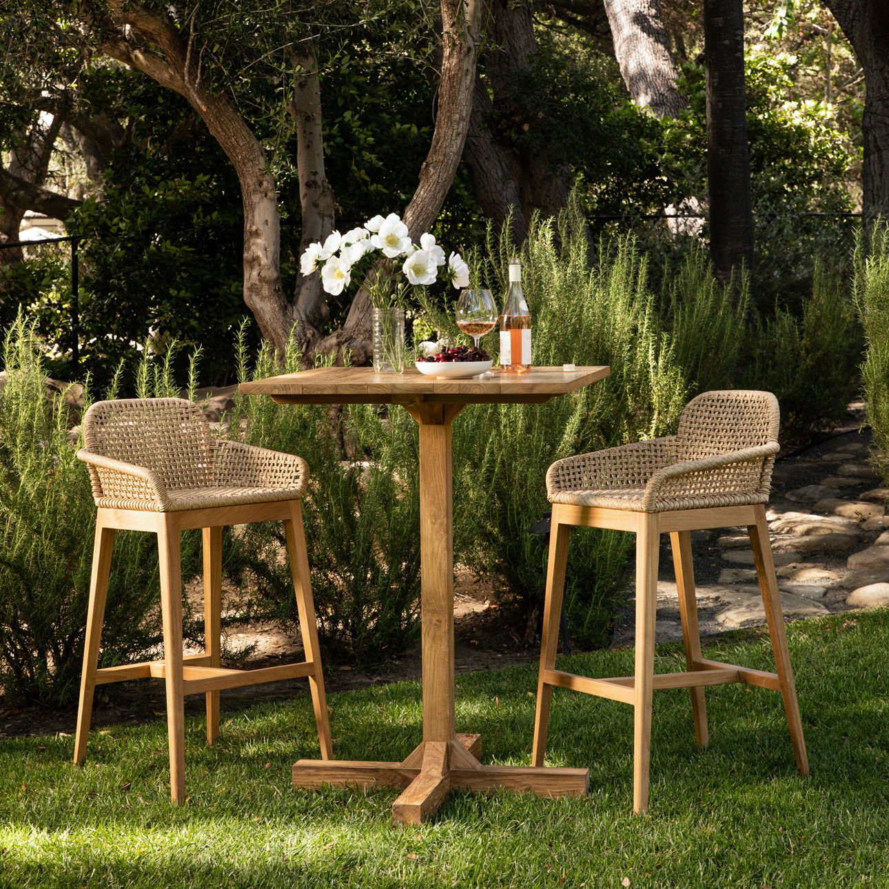Natural Teak Wood, Aluminum and Synthetic Wicker Barstool 20 in Wide
