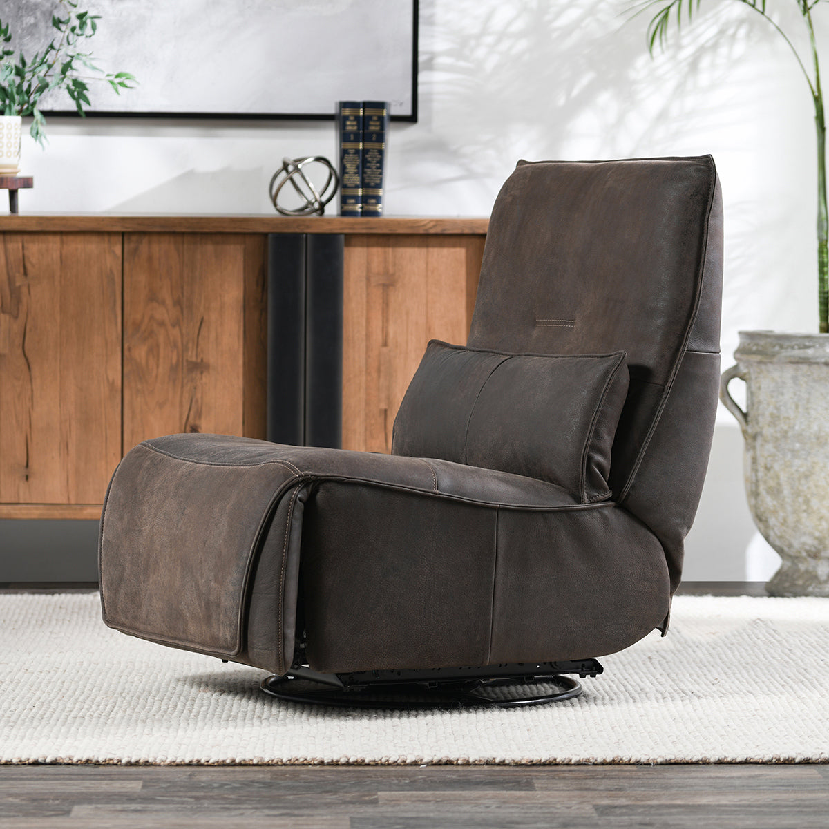 Rustic Brown 100% Top Grain Leather Accent Chair Paige Swivel Power Recliner Collection