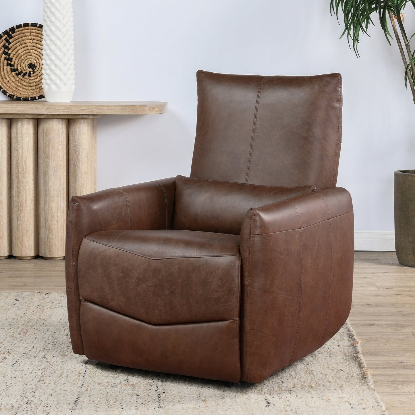Antique Brown 100% Top Grain Leather Accent Chair Thaya Power Recliner Collection