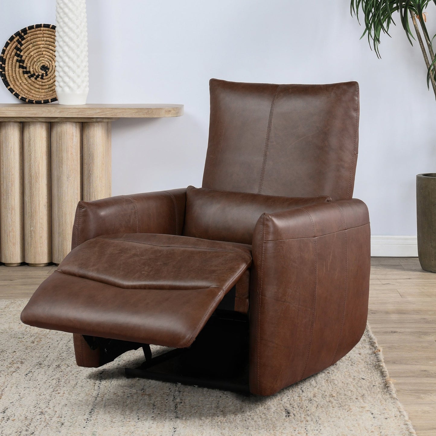 Antique Brown 100% Top Grain Leather Accent Chair Thaya Power Recliner Collection