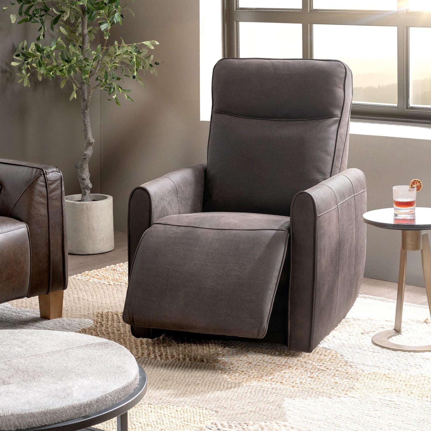 Dark Brown 100% Top Grain Leather Accent Chair Vivica Power Recliner Collection