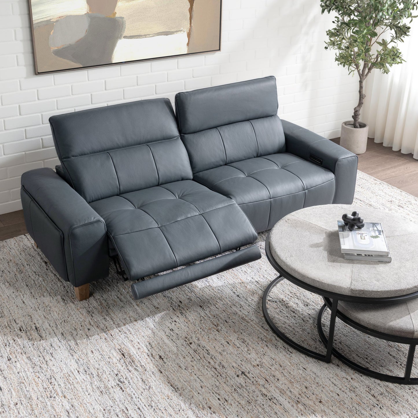 Smoke Blue 100% Top Grain Leather Sofa Alea Reclining Sofa Collection
