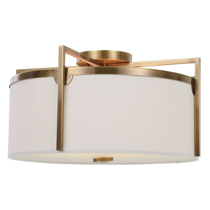 Side profile of Fallowmere 3-light semi flush mount highlighting 11-inch height and linen hardback shade