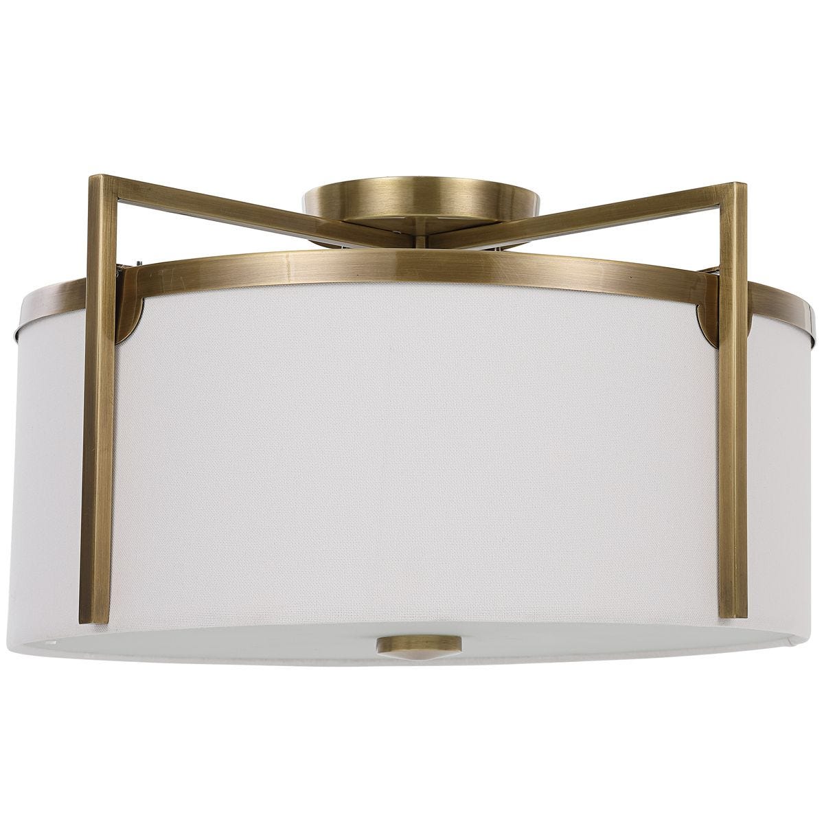 Fallowmere 3-light semi flush mount — off-white shade with frosted glass center diffuser lit