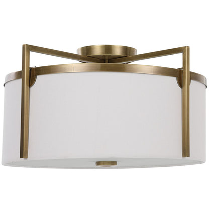 Fallowmere 3-light semi flush mount — off-white shade with frosted glass center diffuser lit