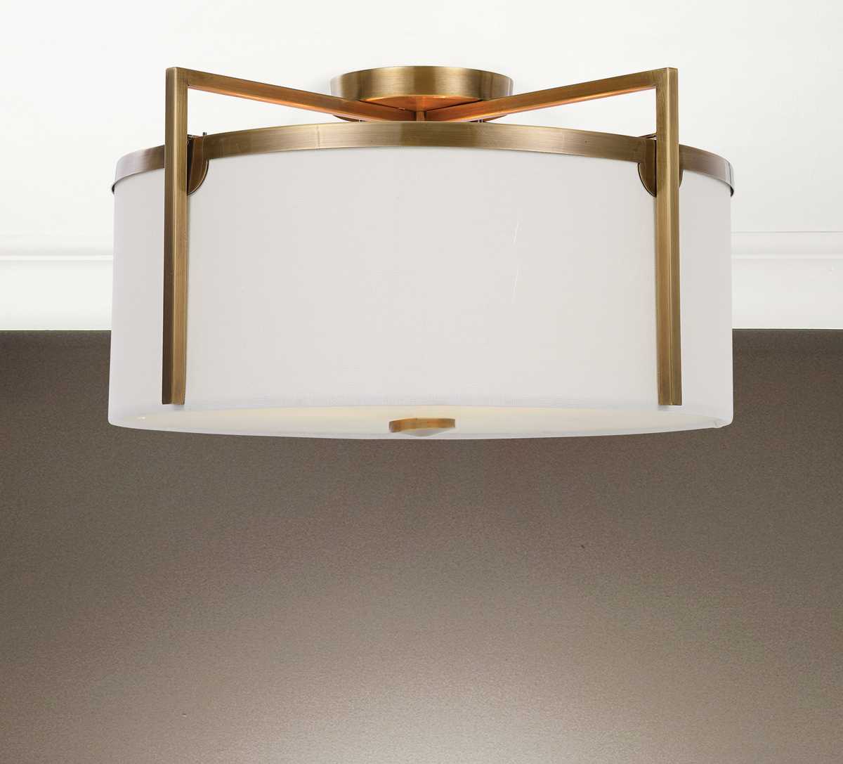 Fallowmere 3-light semi flush mount with antique brass finish and off-white linen shade