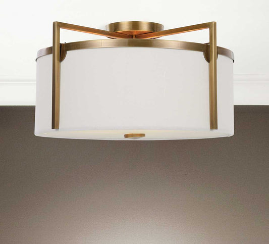 Fallowmere 3-light semi flush mount with antique brass finish and off-white linen shade