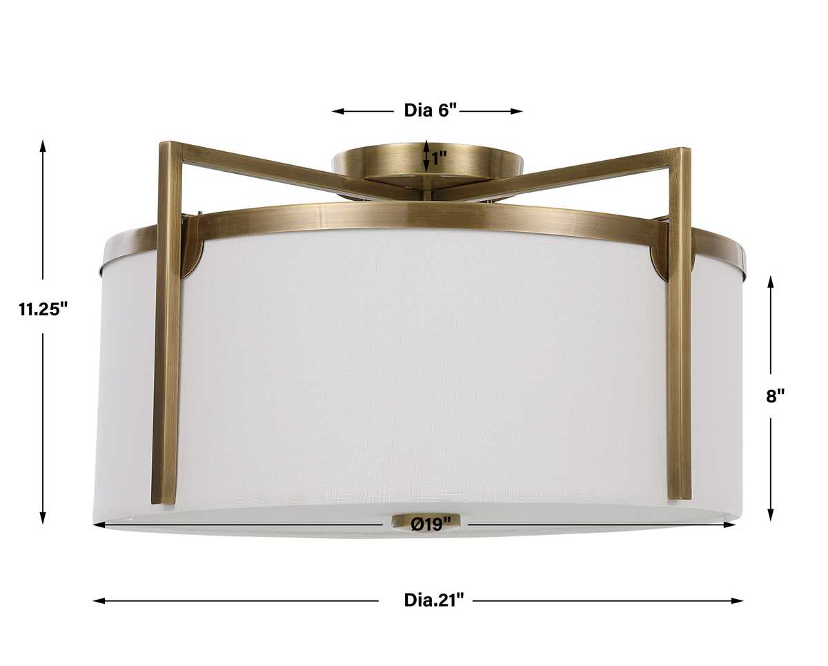Fallowmere semi flush ceiling light by Uttermost in antique brass finish, full product view