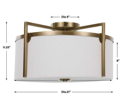 Fallowmere semi flush ceiling light by Uttermost in antique brass finish, full product view