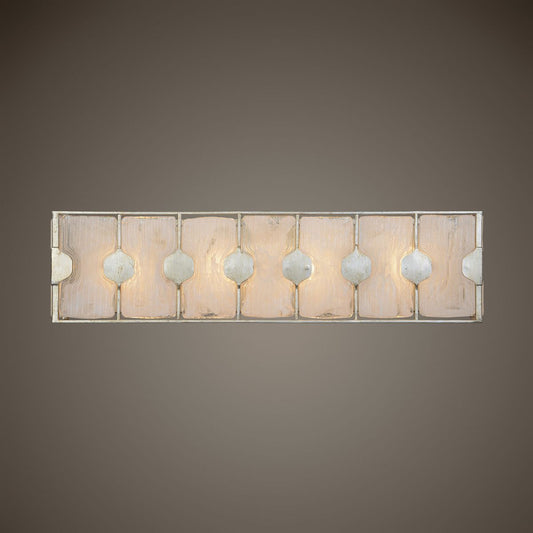 Dawnford 4-light vanity bar with handmade white swirl glass panels and peacock feather metal ornaments