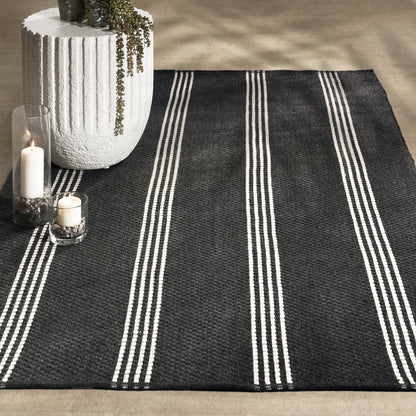 Charcoal/Ivory 100% Pet Yarn Performance Indoor/Outdoor Performance Sorrento Stripe Rug Collection