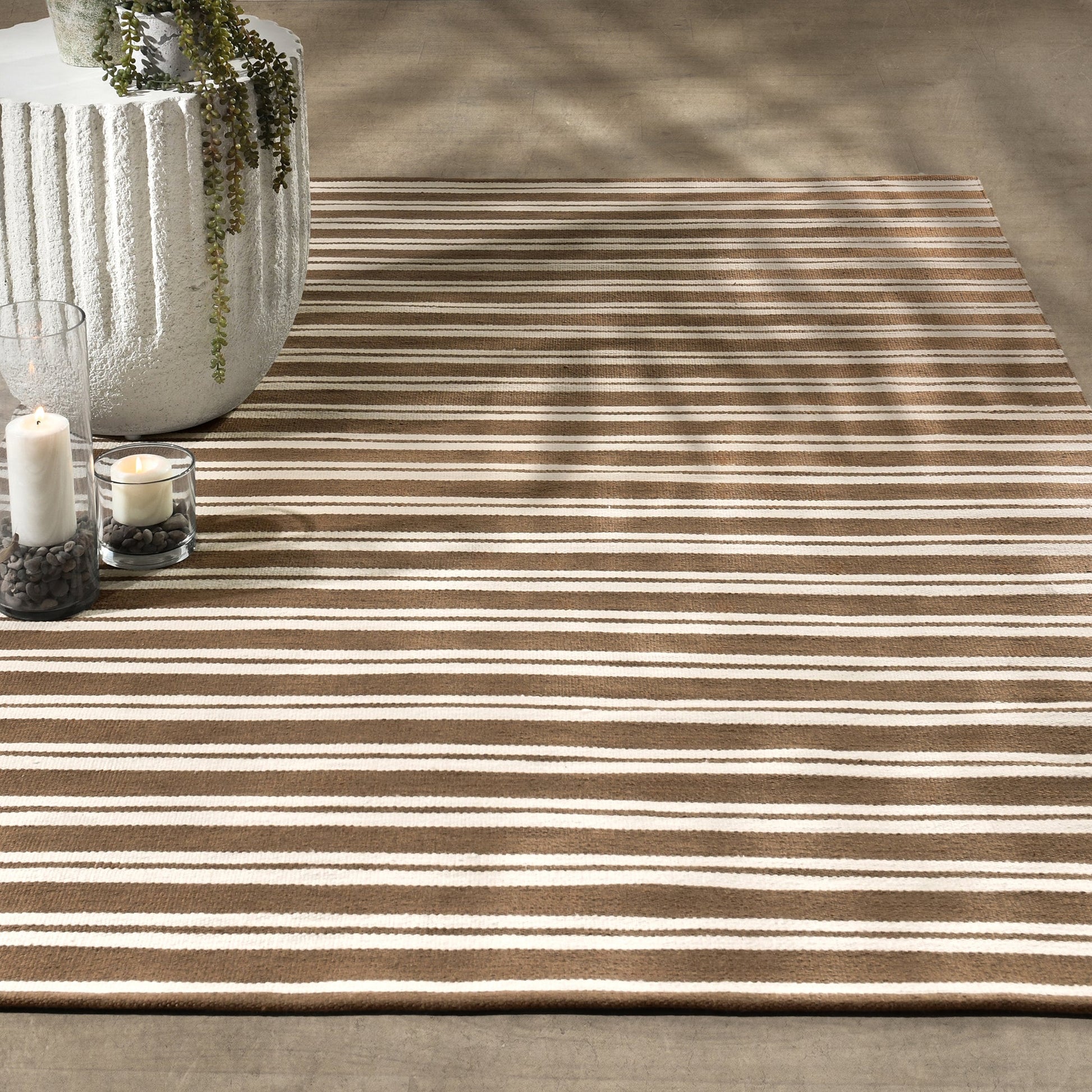 Coconut Brown/Ivory 100% Pet Yarn Performance Indoor/Outdoor Performance Palma Stripe Rug Collection