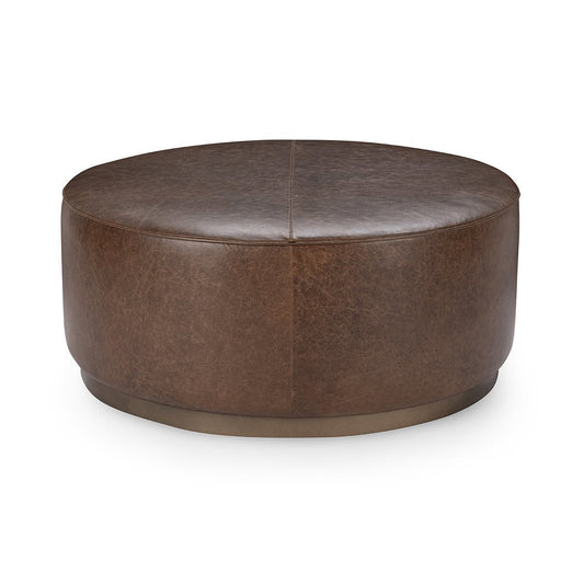Dark Brown Top Grain Leather Ottomans & Stool Clair Round Ottoman Collection