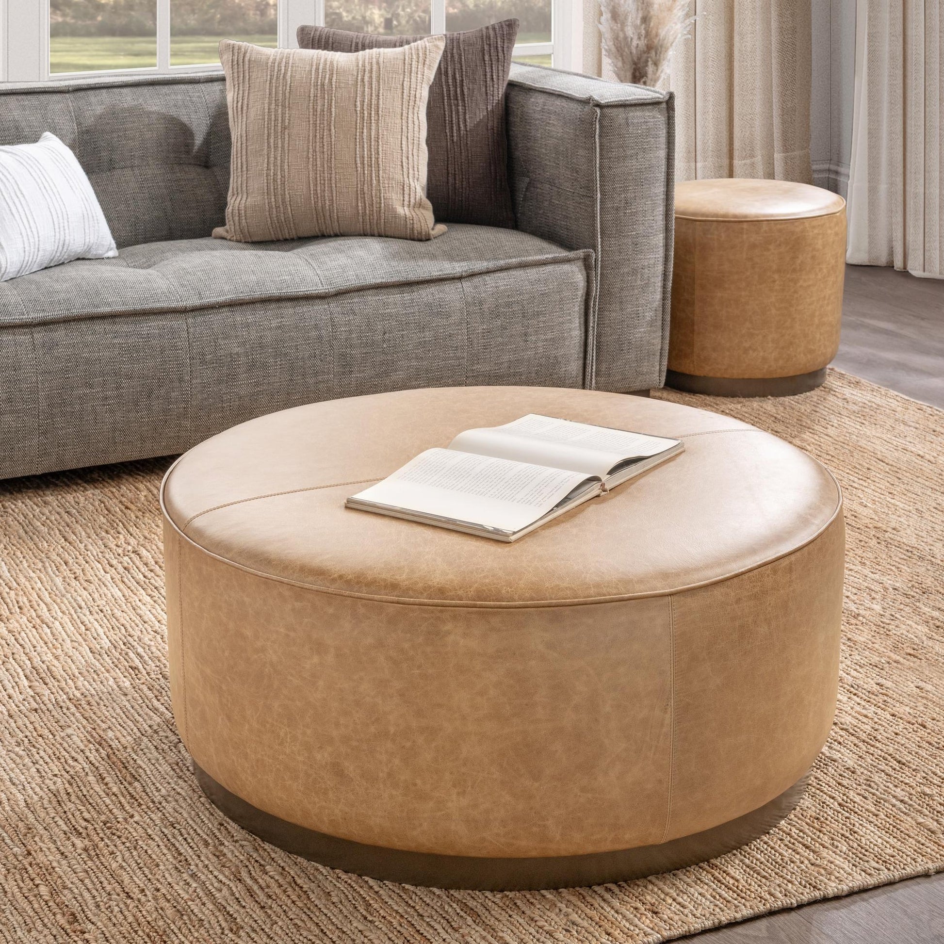 Sedona Brown Top Grain Leather Ottomans & Stool Clair Round Ottoman Collection
