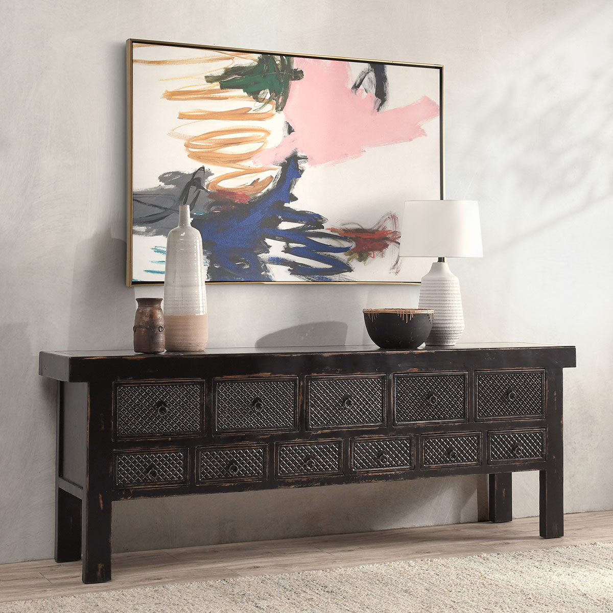Antique Black Reclaimed Pine Console Table Lahey Eleven-Drawer Console Table Collection
