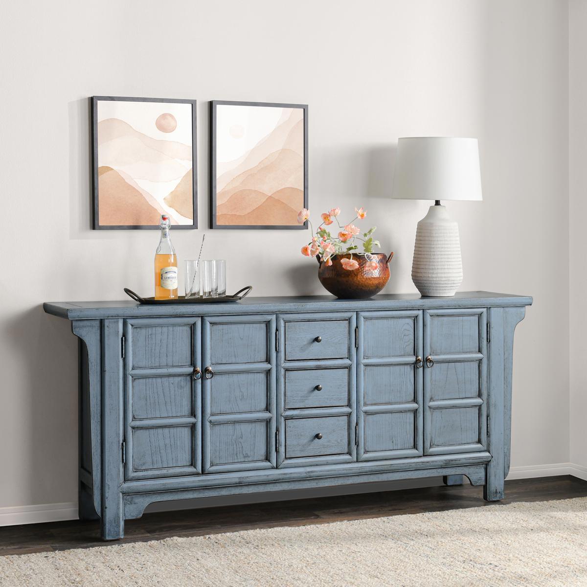 Blue Reclaimed Pine Buffets & Cabinet Crafton Three-Drawer Four-Door Cabinet Collection