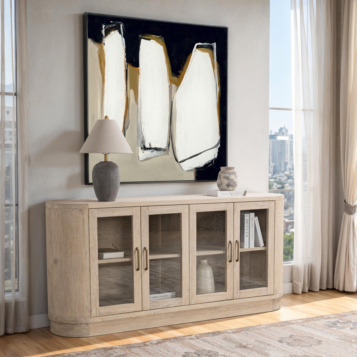 Cream Washed Oak Veneer Buffets & Cabinet Vander Four-Door Buffet Collection