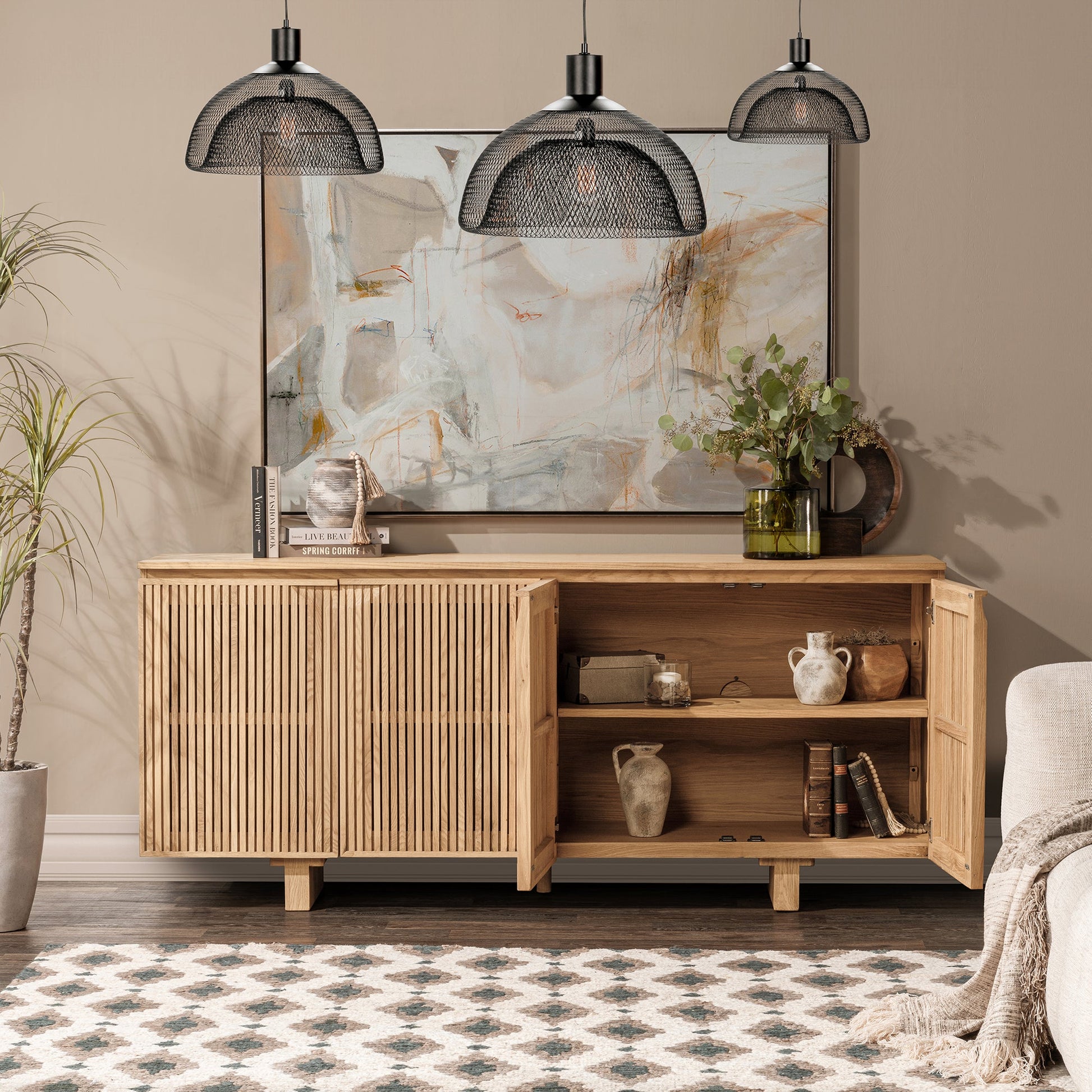 Oak Natural Oak Veneer Buffets & Cabinet Roya Four-Door Cabinet Collection