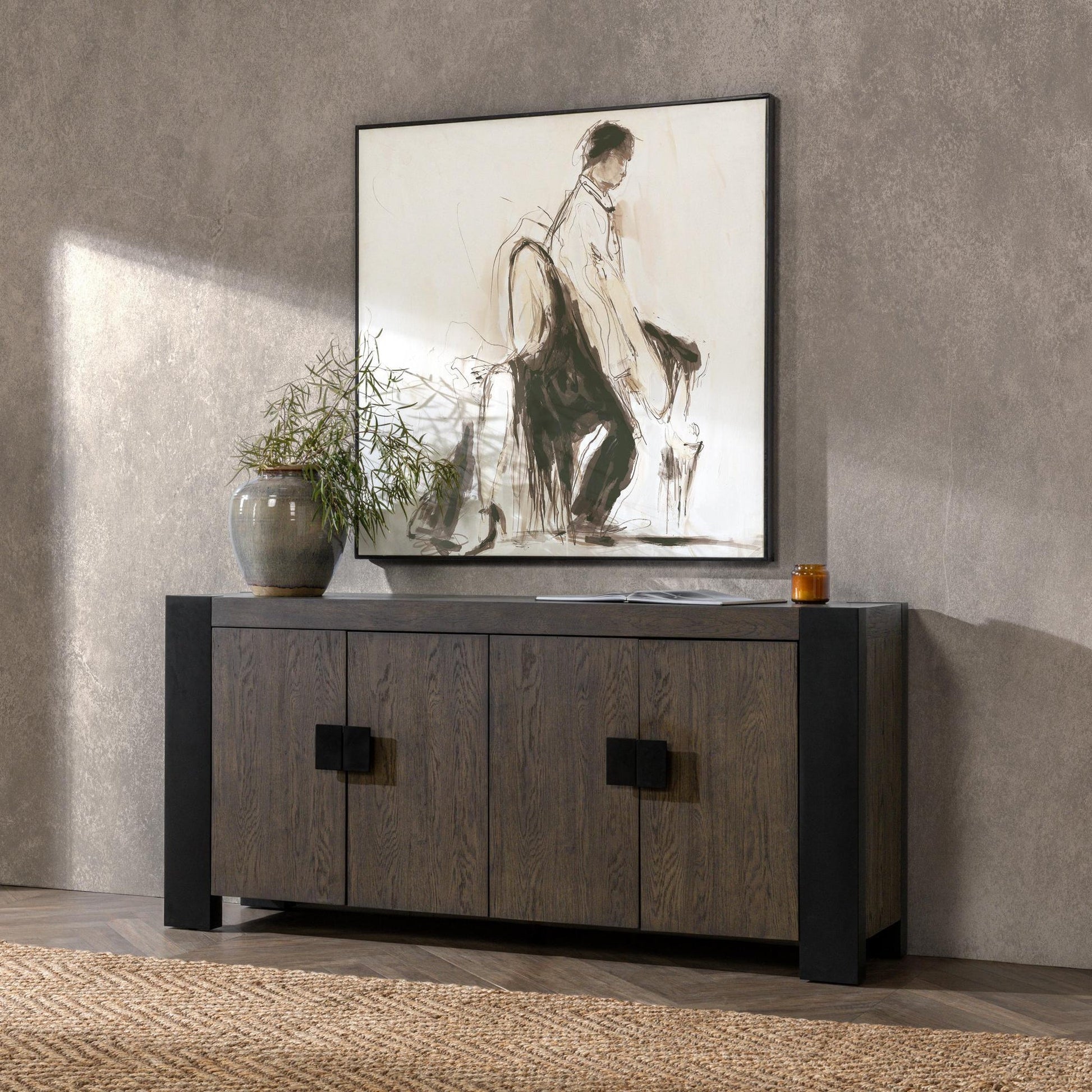 Toasted Brown Oak Veneer Buffets & Cabinet Deaven Four-Door Buffet Collection
