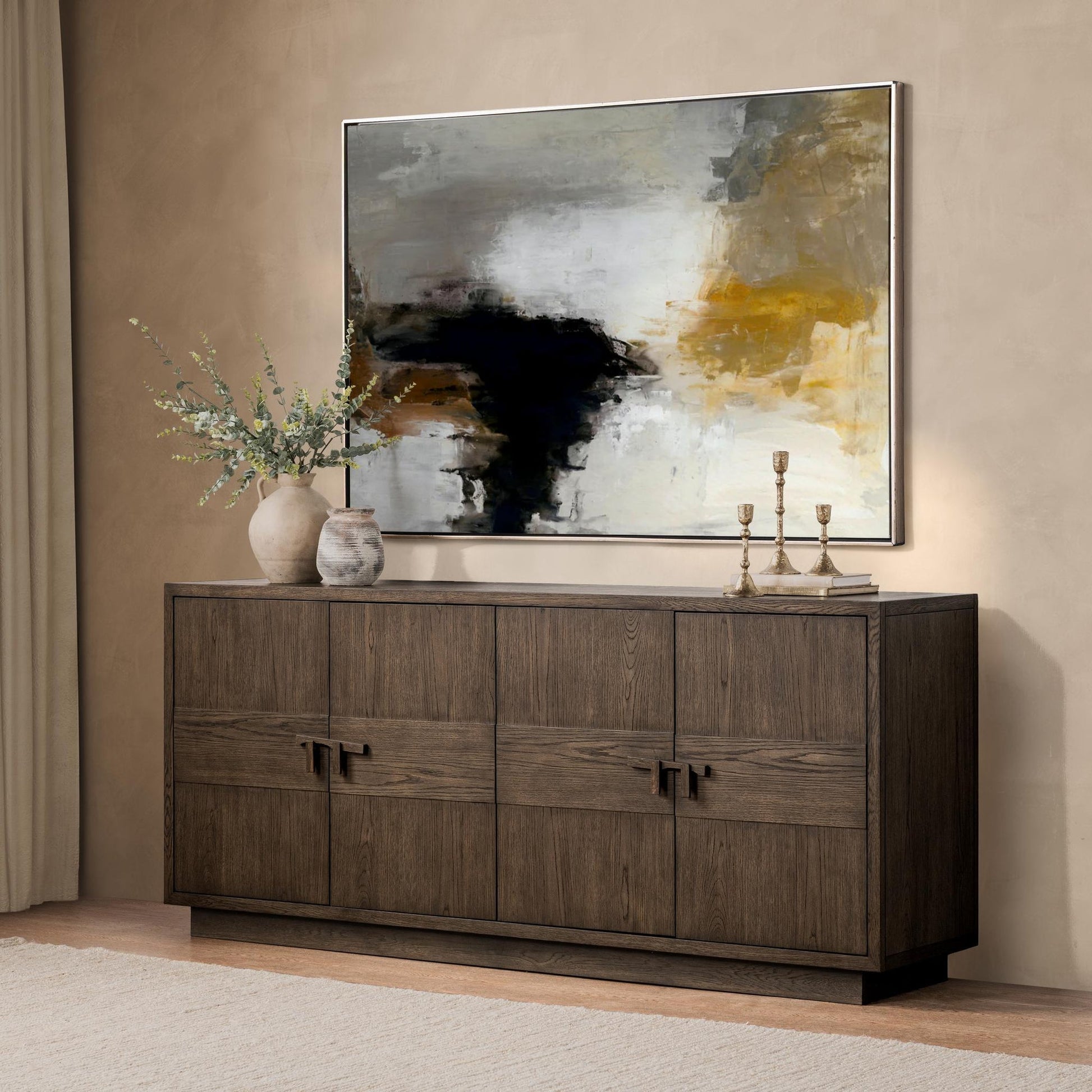 Havana Brown Oak Veneer Buffets & Cabinet Oakridge Four-Door Cabinet Collection
